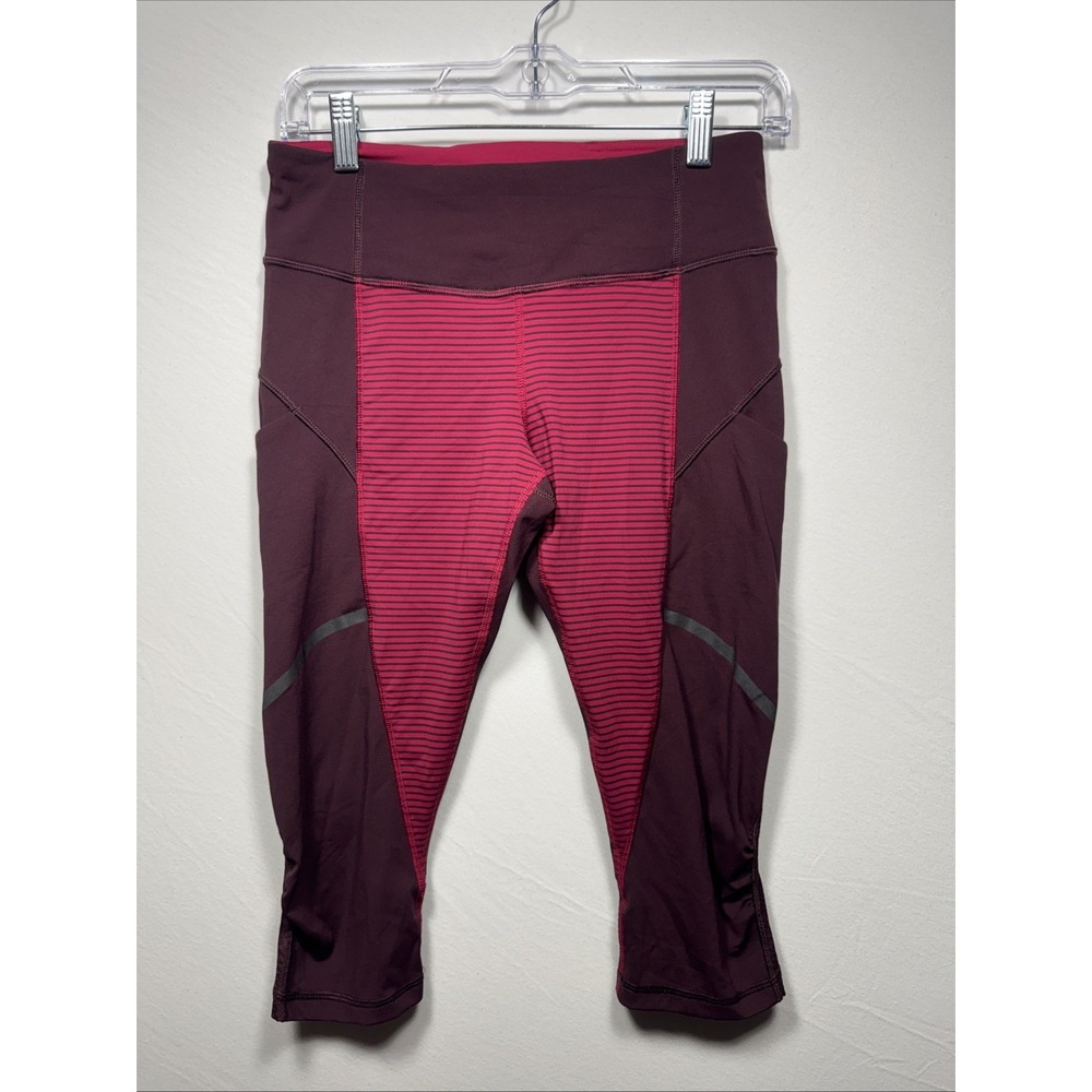 Lululemon Hop To It Crop Burgundy Pink Striped Leggings Size 6 Full-On Luxtreme